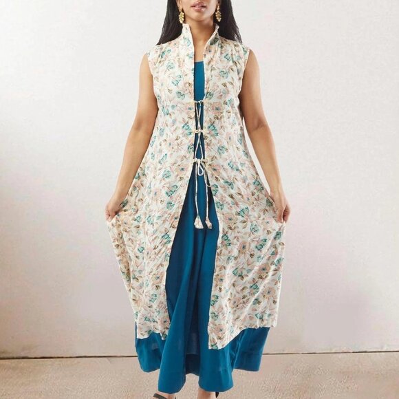 Blue and White Rayon Layered Dress | Muvvas Boutique - Picture 2 of 5